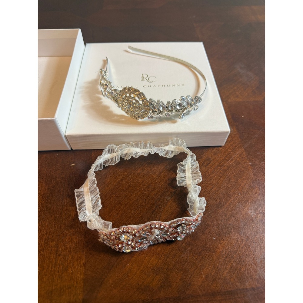 Rachel Chaprunne Bridal Crystal Headband and Rose Gold Lace Garter Set